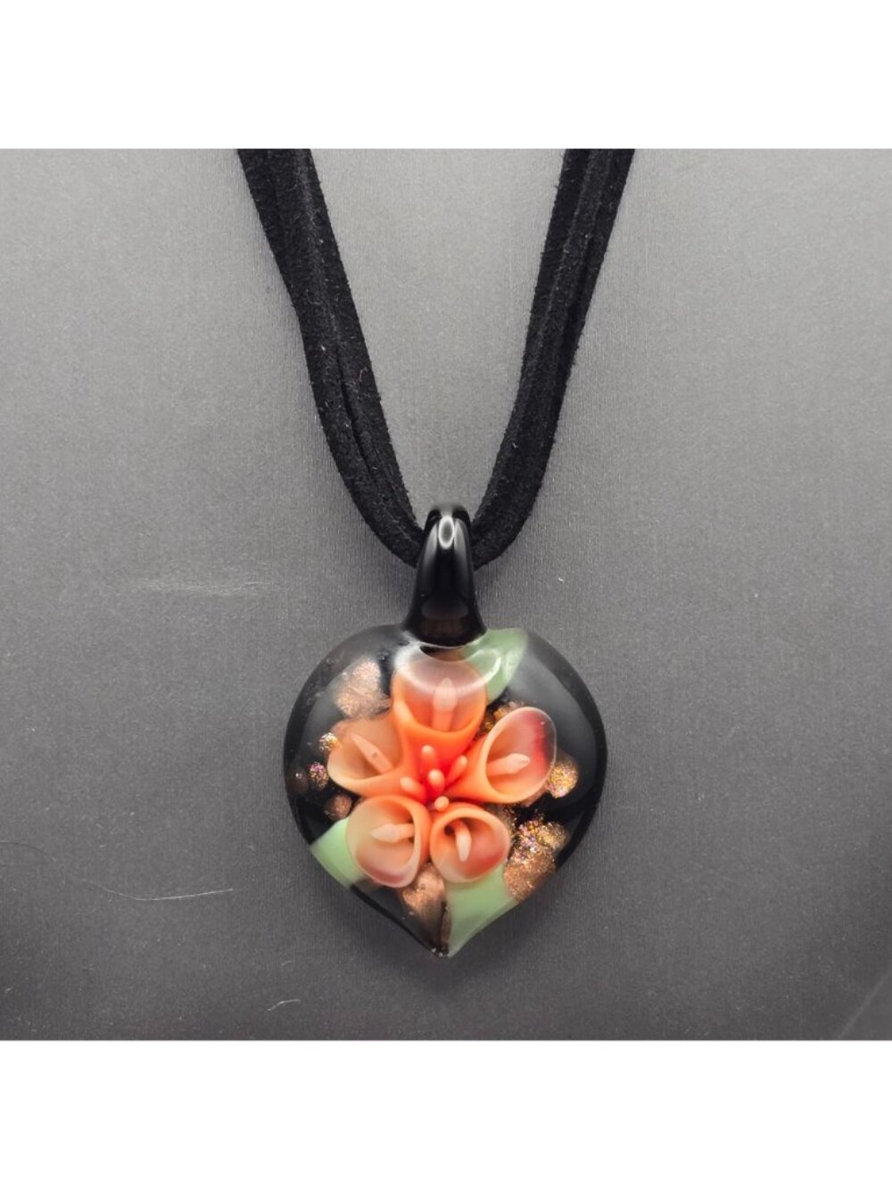 Sterling Silver Murano Glass Flower Pendant Velvet Necklace 16" Art Nouveau Styl - Picture 2 of 7